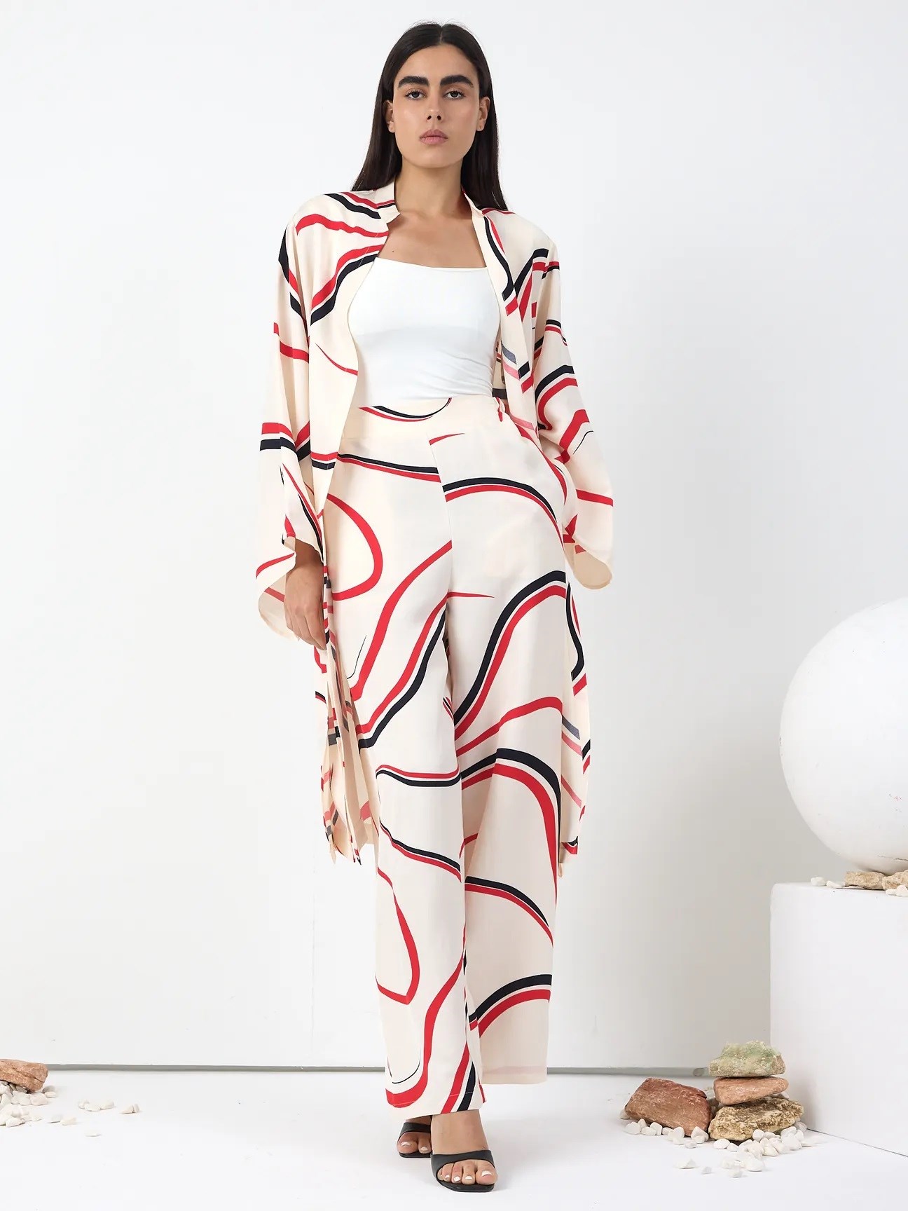 6952 Çizgi Desen Kimono Pantolon Takım-Ekru