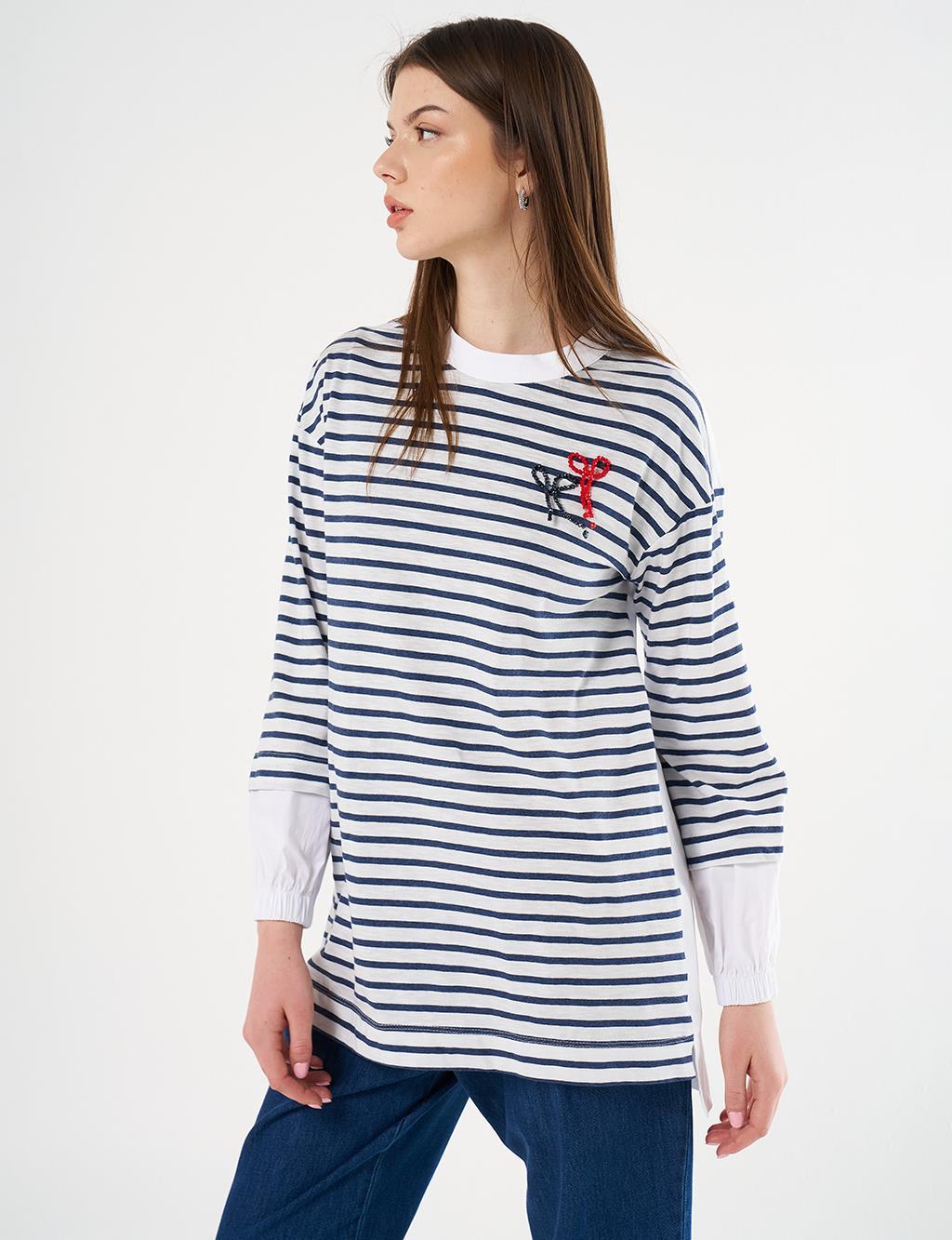 70011 Boncuk İşlemeli Tunik-Lacivert