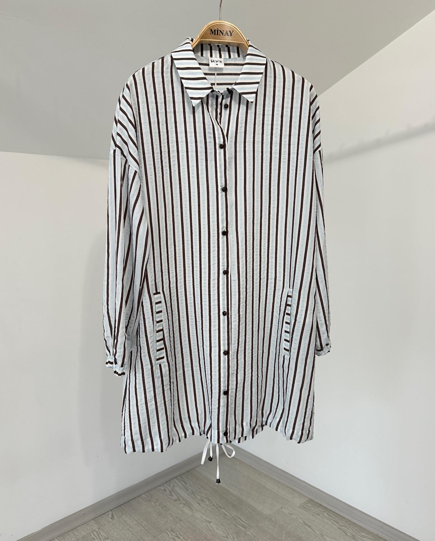 71018 Çizgili Erkek Yaka Tunik-Kahve
