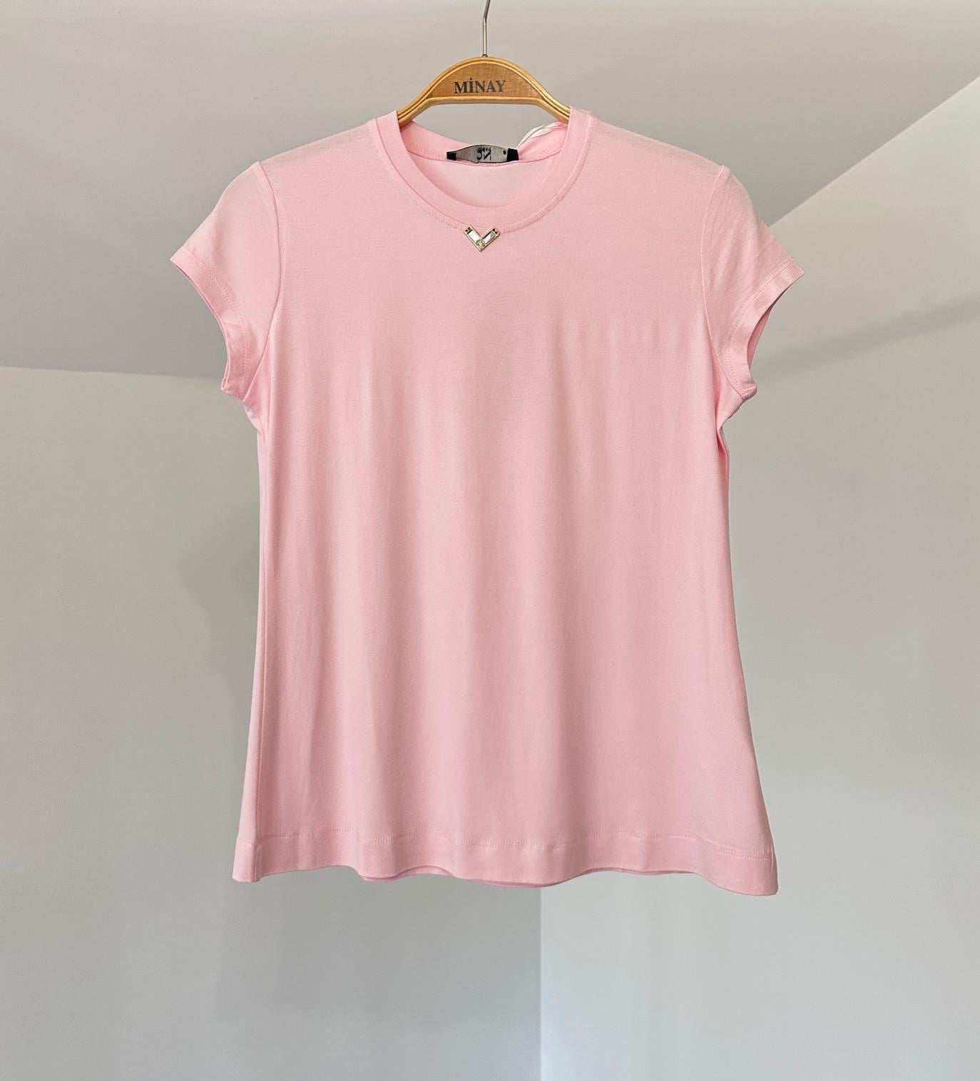 71302 Yakada Taş İşlemeli Kısa Kollu Viskon Bluz-Pembe