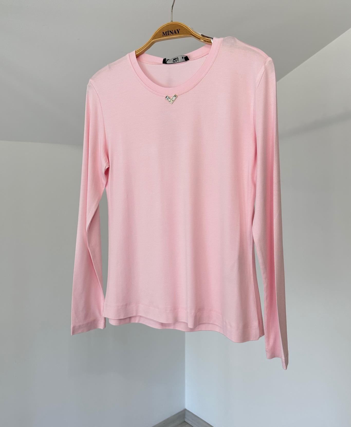 71303 Yakada Taş İşlemeli Uzun Kollu Viskon Bluz-Pembe