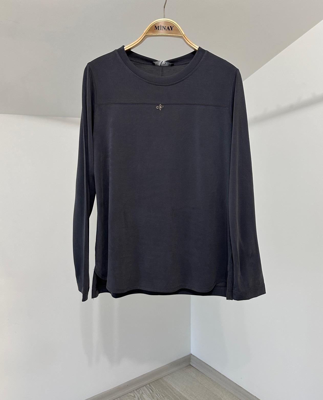 71465 Sıfır Yaka Aksesuar Detaylı Bluz-Gri