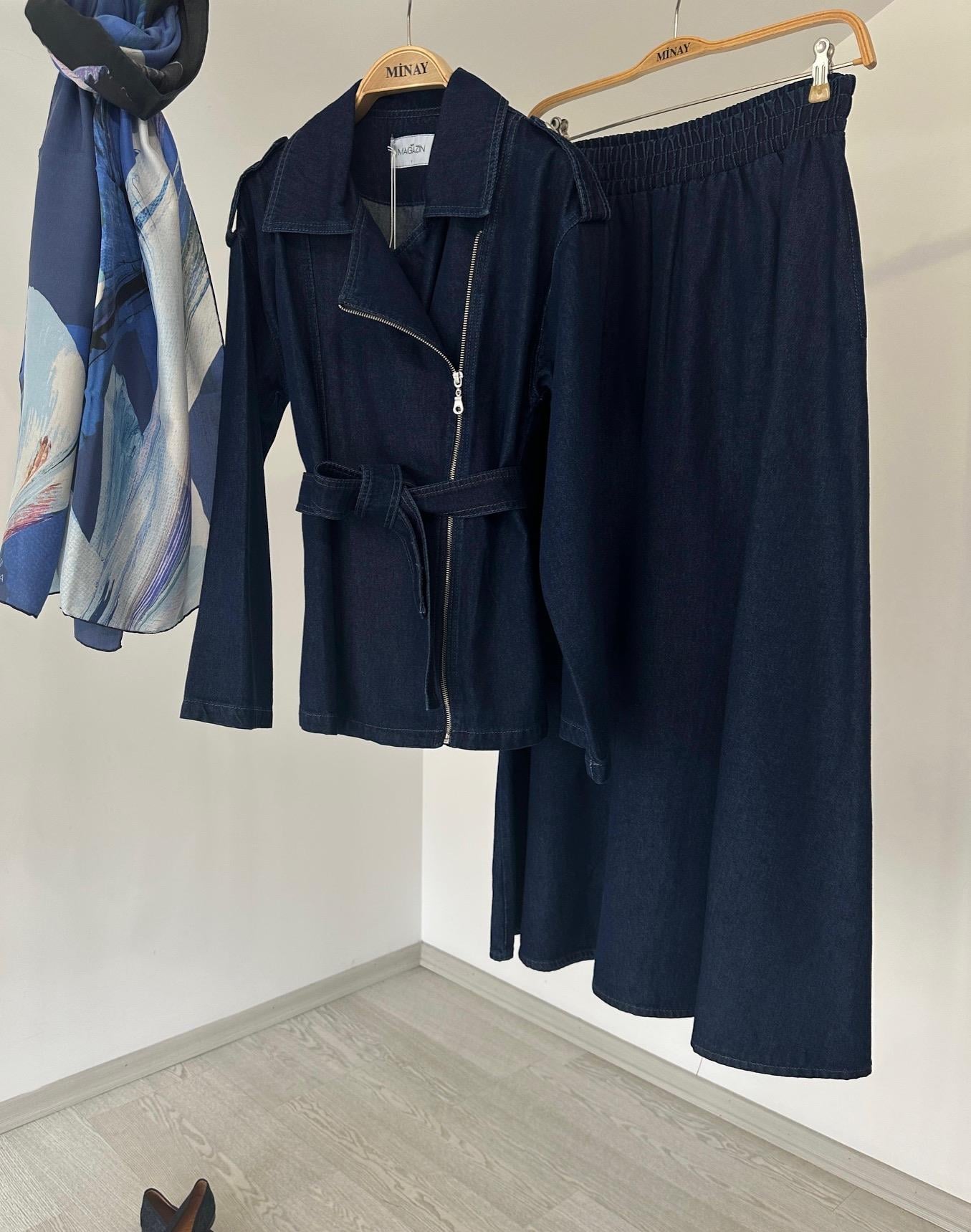 7517 Fermuarlı Ceket Etek Denim Takım-K.Kot