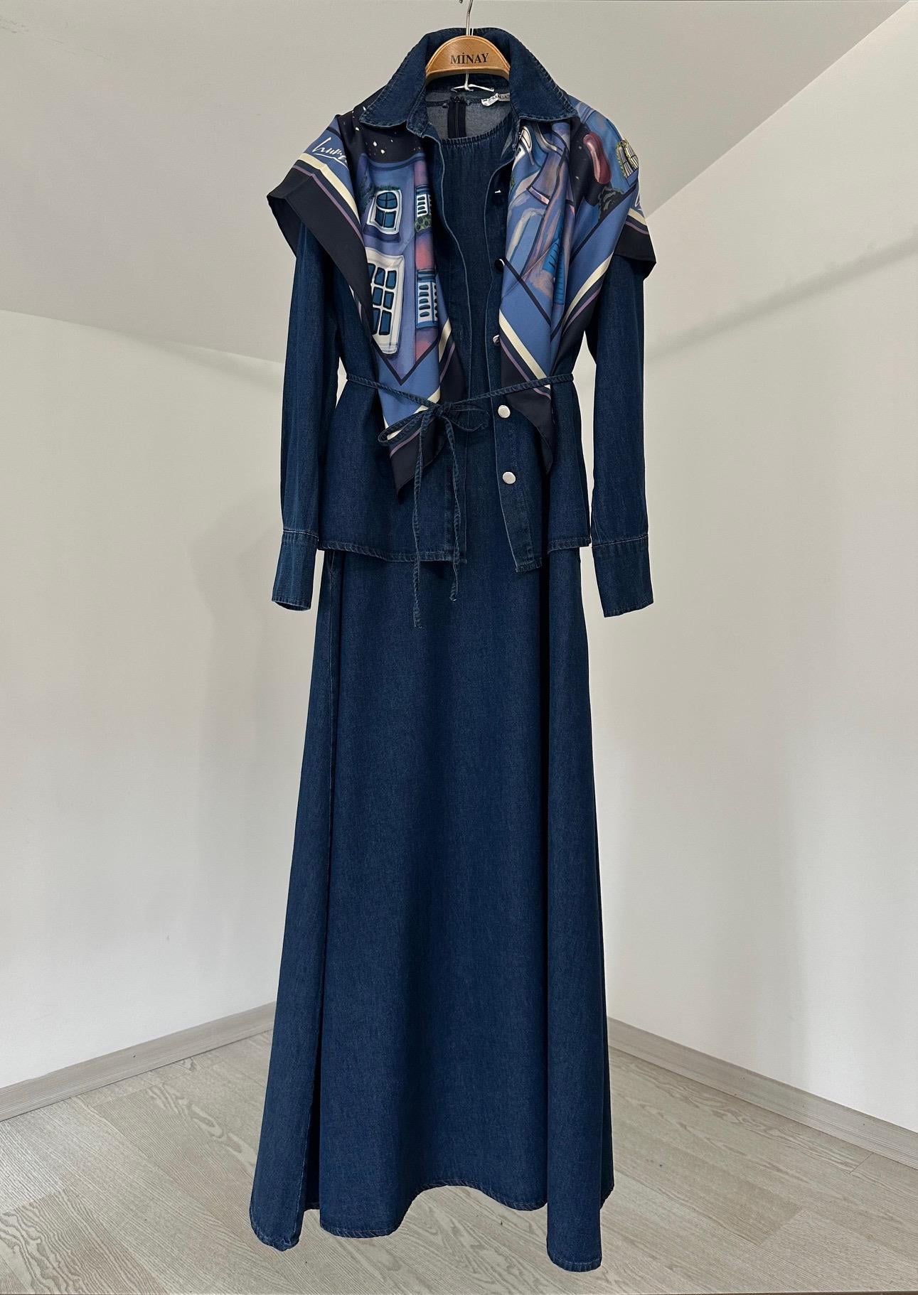 7525 Kolsuz Denim Elbise Ceket Takım-K.Kot