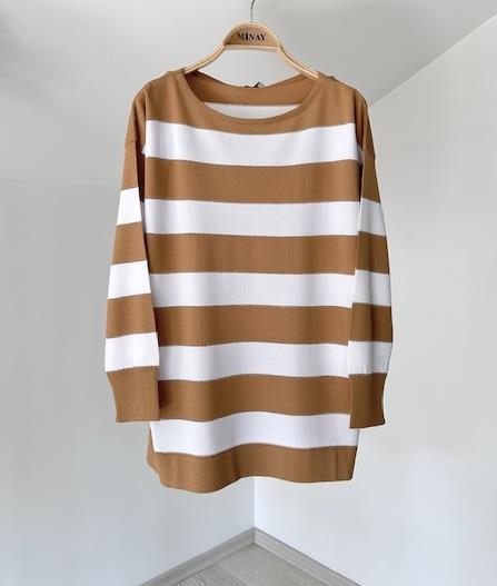 90002 Rayon İplik Çizgili Triko Bluz-Camel