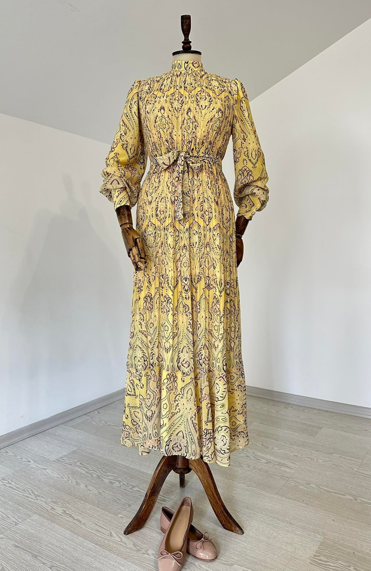 92024 Floral Desenli Şifon Elbise-Sarı
