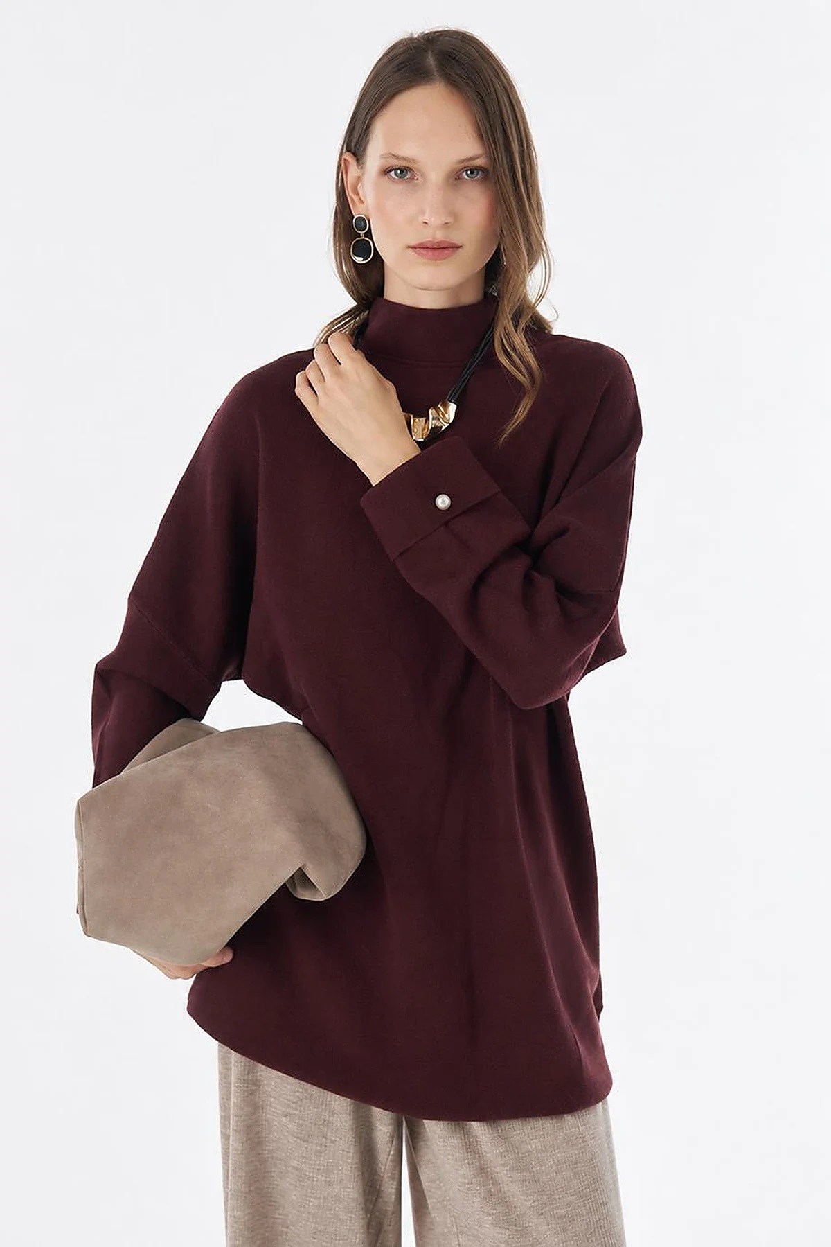 TRK161 İnci Detaylı Triko Tunik-Bordo