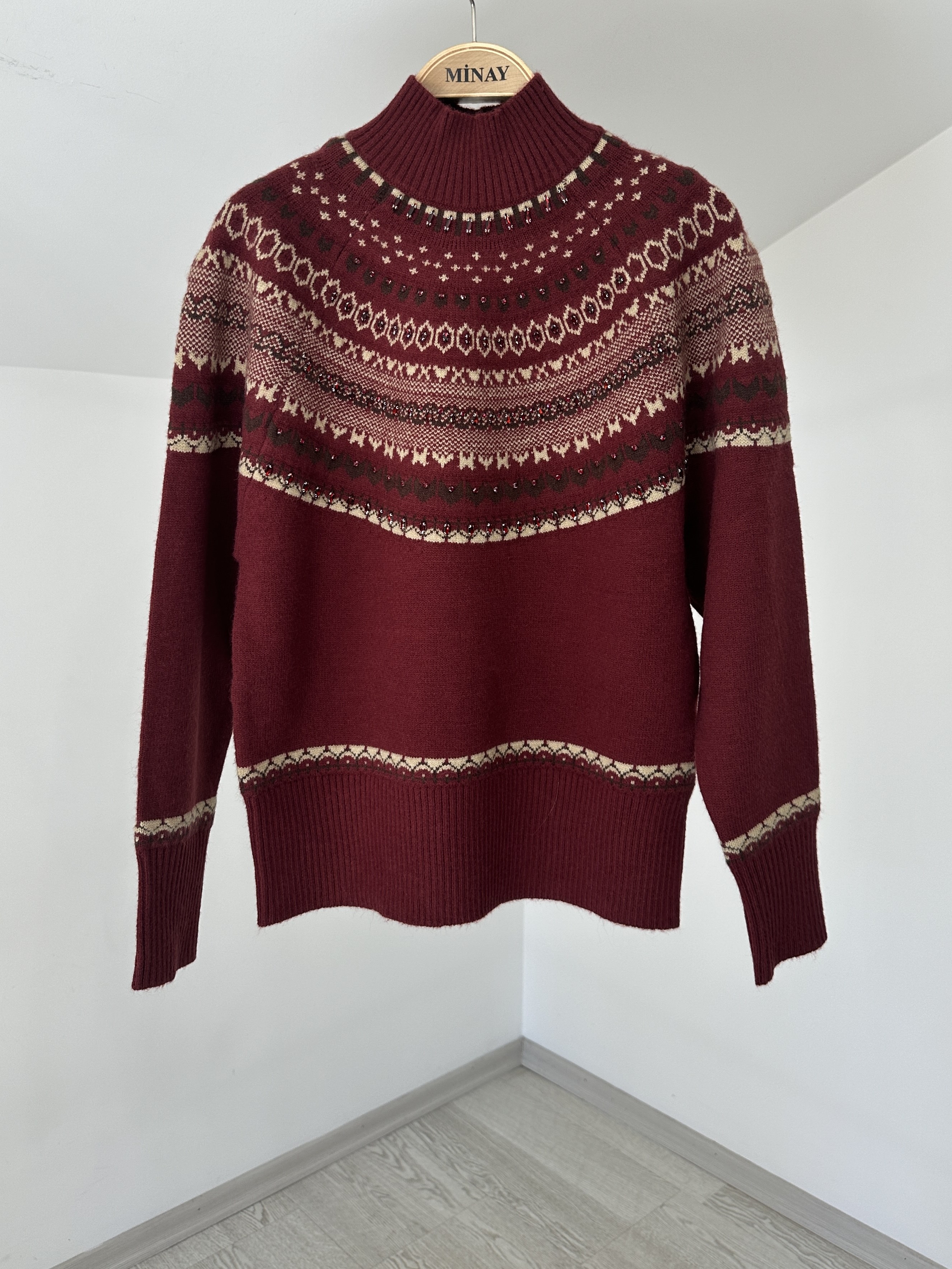 TRK181 Desenli Triko Kazak-Bordo