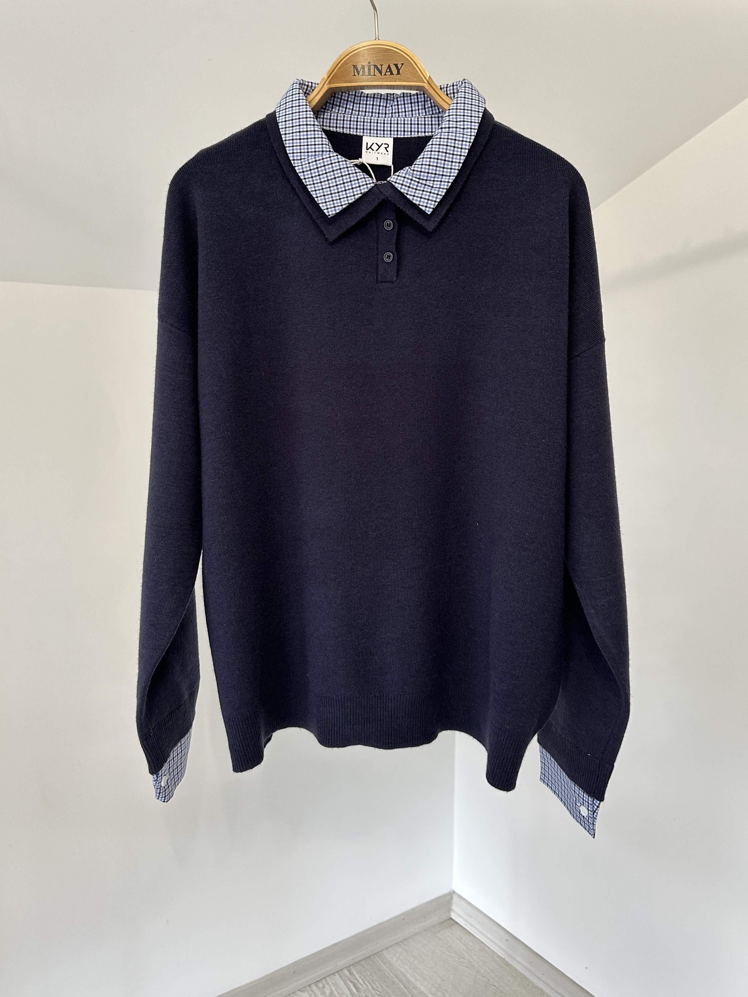 TRK612 Kumaş Detaylı Polo Yaka Bluz-Lacivert