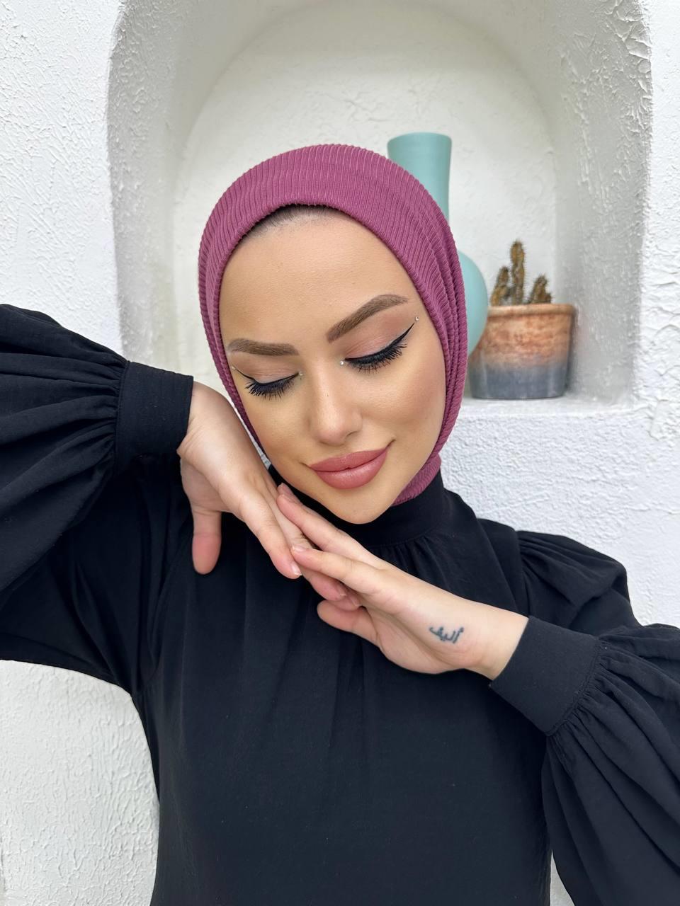 Hazır Şal Piliseli Pamuklu Model Çıtçıtlı Hijab Bone Pratik Eşarp Şal Mürdüm