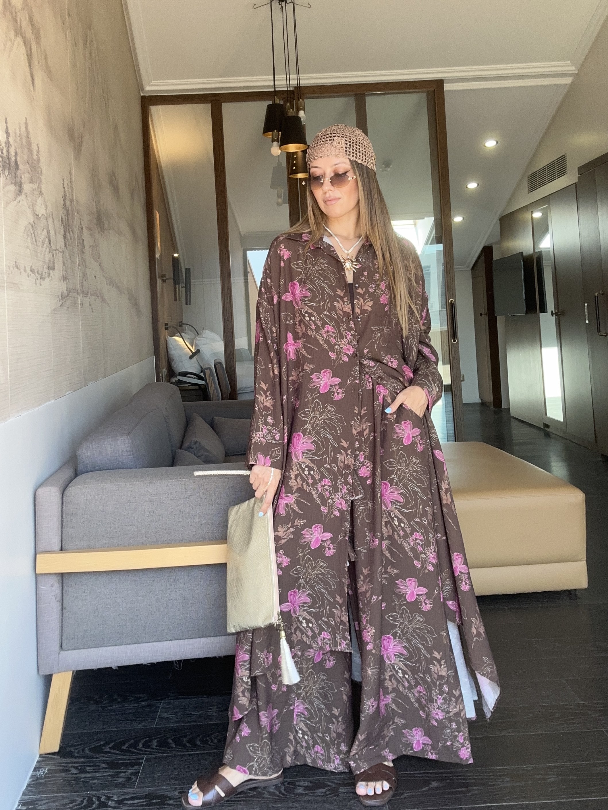 Çiçekli Tunik Takım - Kahve