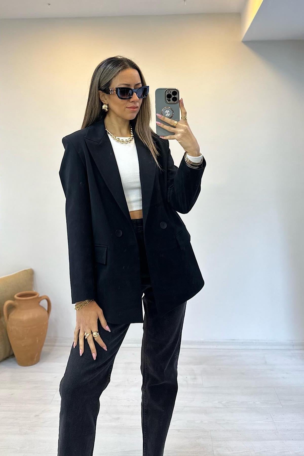 Kruvaze Oversize Blazer- Siyah