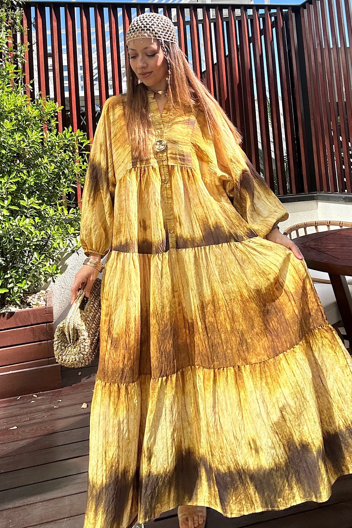 Maxi Flower Elbise- Hardal