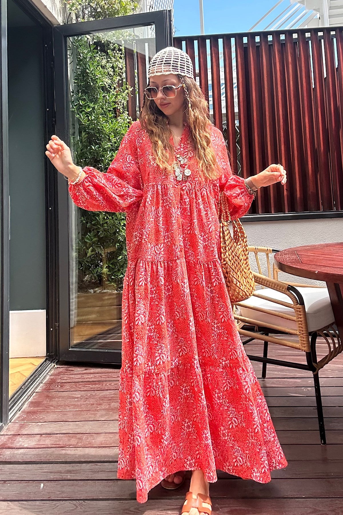 Maxi Flower Elbise- Kırmızı