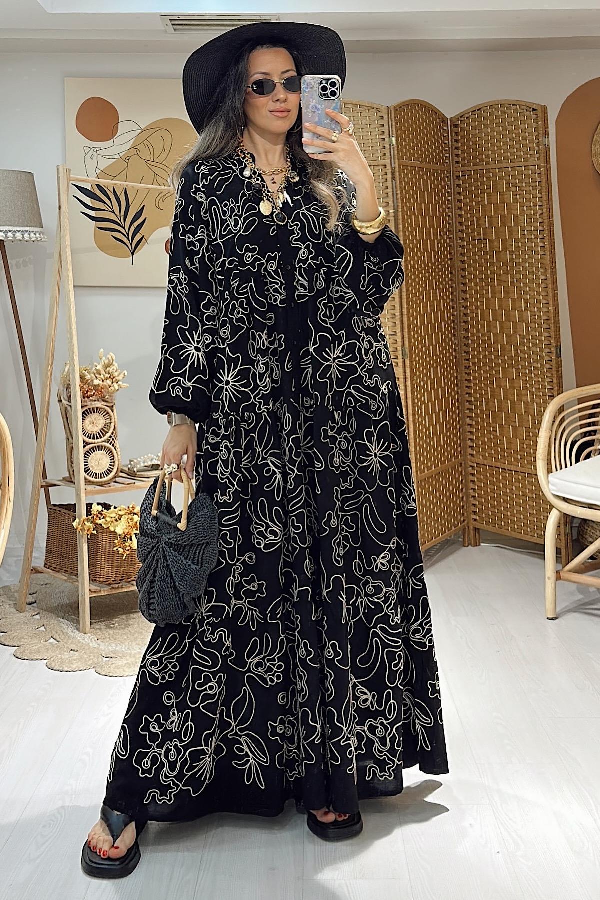 Nakışlı Maxi Elbise - Siyah