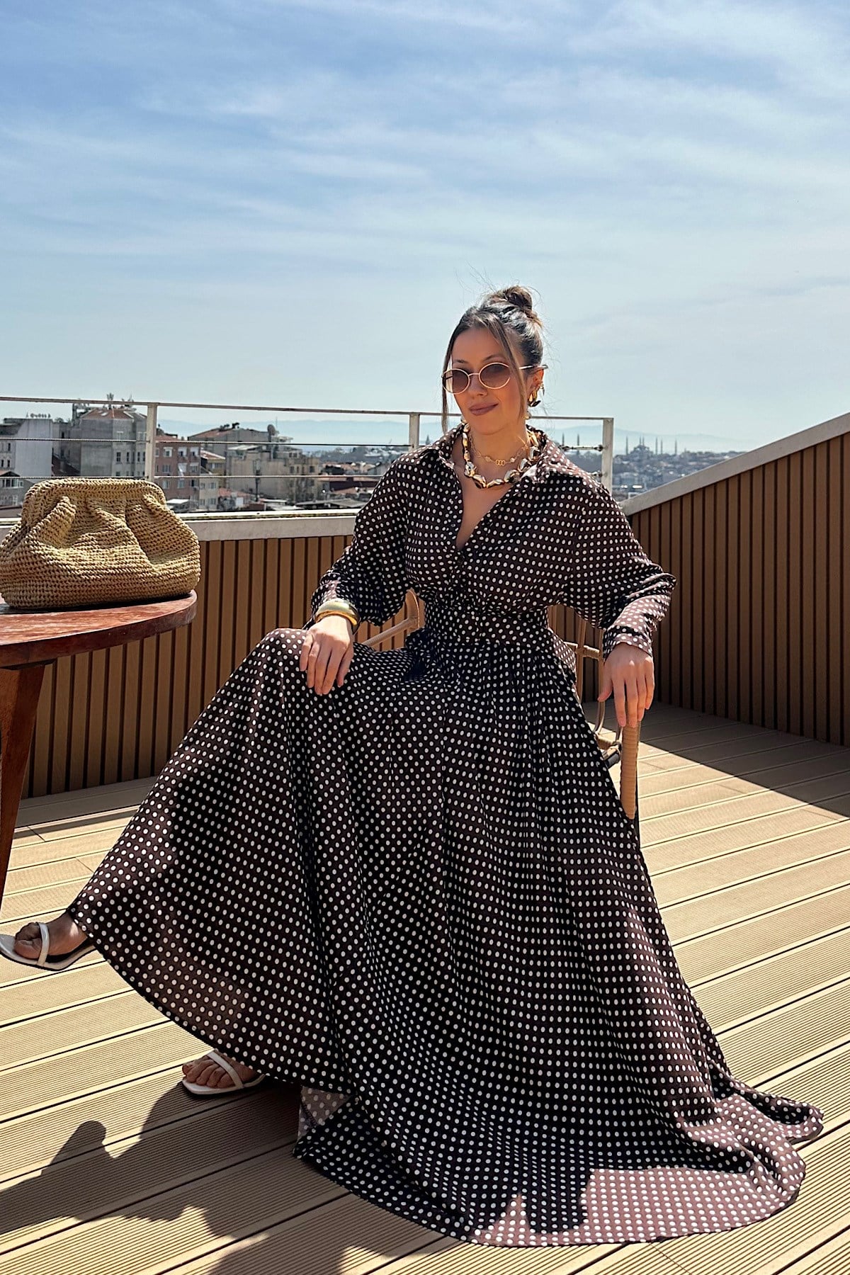 Puantiye Kemerli Elbise- Kahverengi