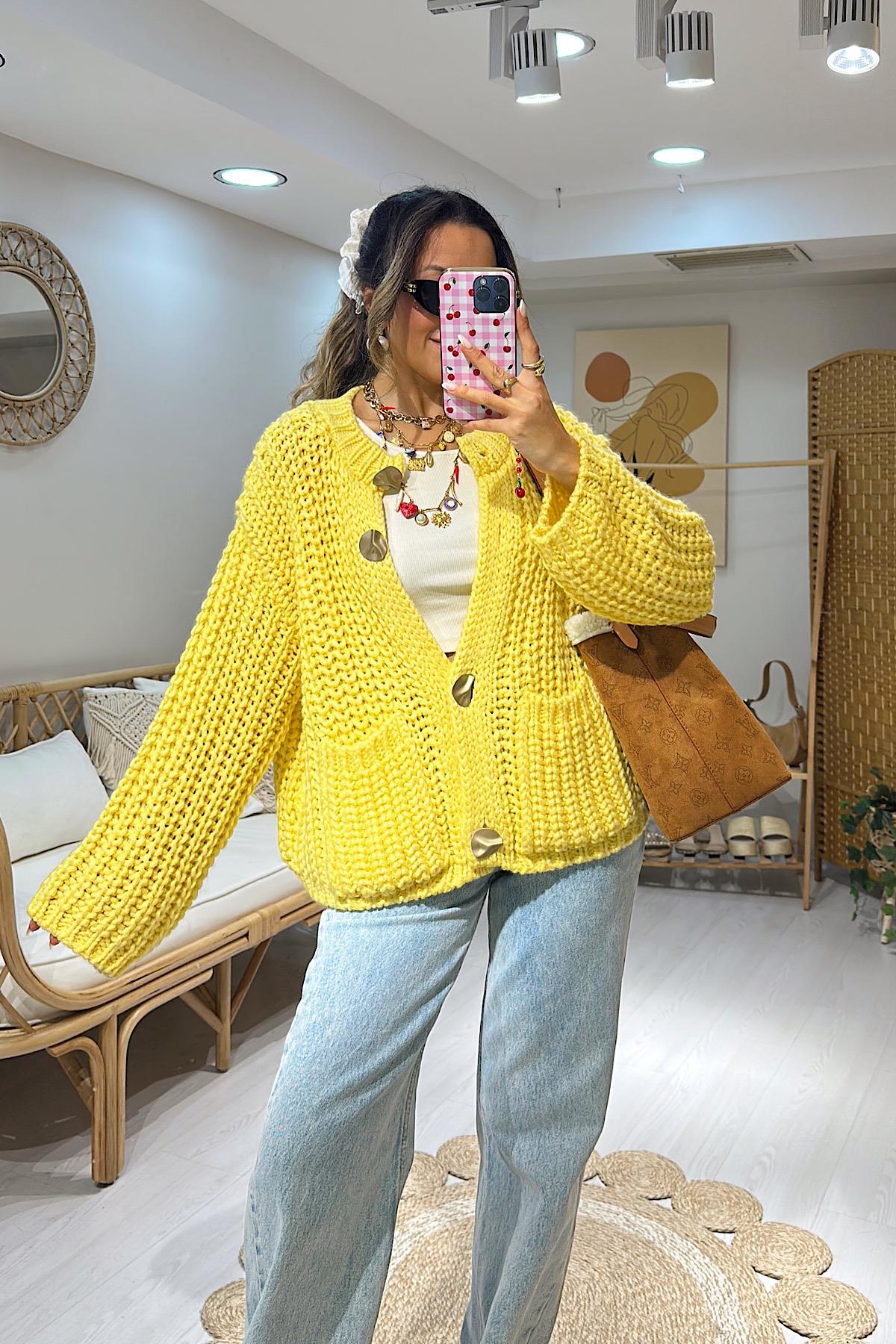 Puffy El Örgüsü Pinterest Hırka- Sarı