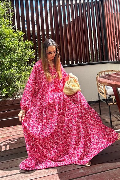 Maxi Flower Elbise- Fuşya