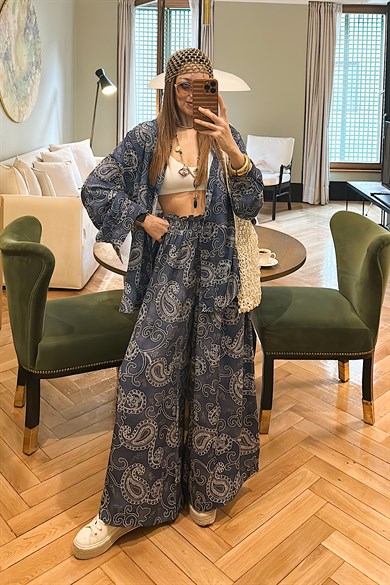 ŞAL DESEN DÜĞMELİ TAKIM - MAVİ