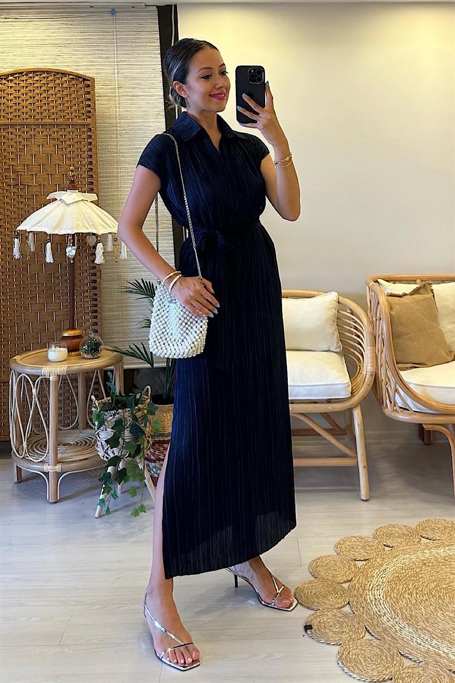 Akordiyon Astarlı Lacivert Elbise