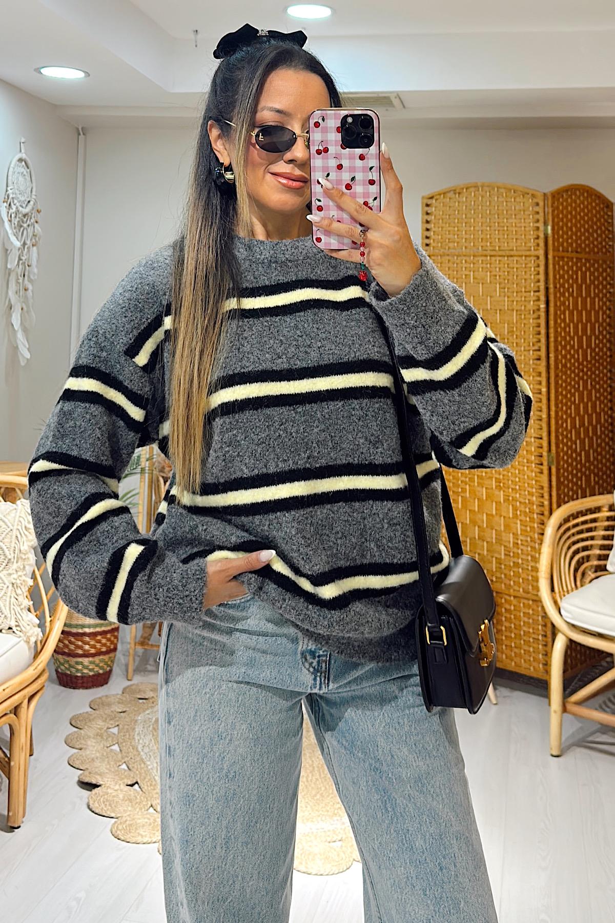 Antrasit Sarı Çizgili Kazak