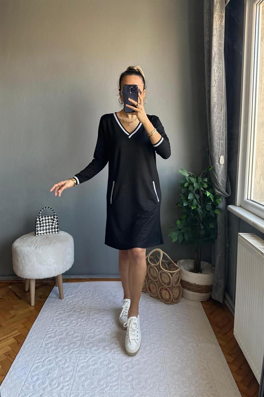 Beyaz Şeritli Basic Elbise