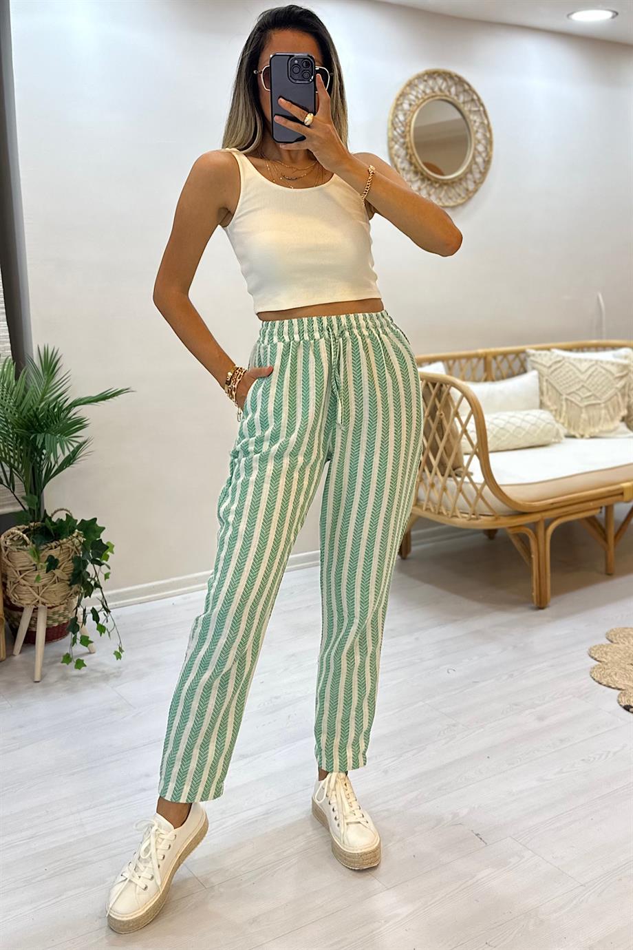 Çizgili Keten Pantolon Yeşil