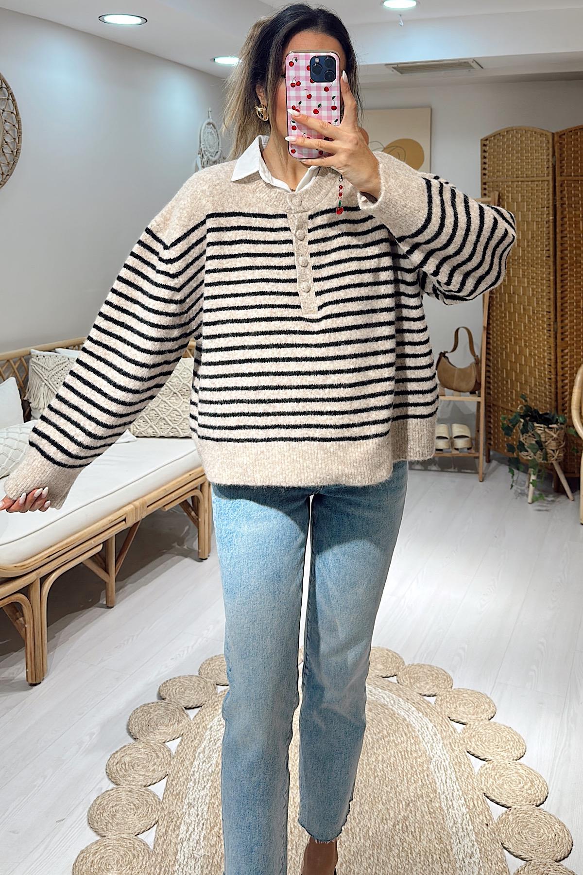 Çizgili Yumuşak Triko Kazak-Bej