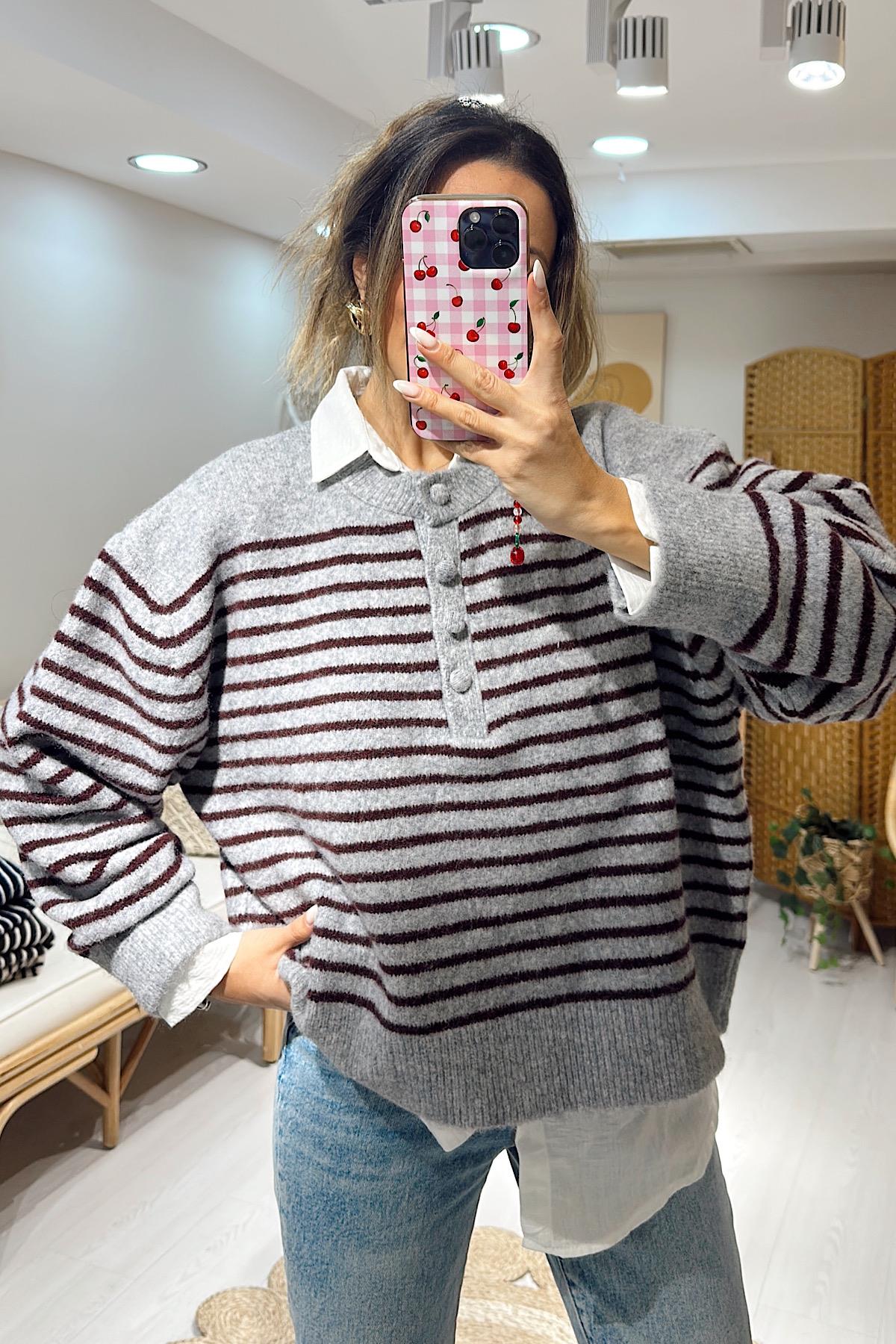 Çizgili Yumuşak Triko Kazak-Gri