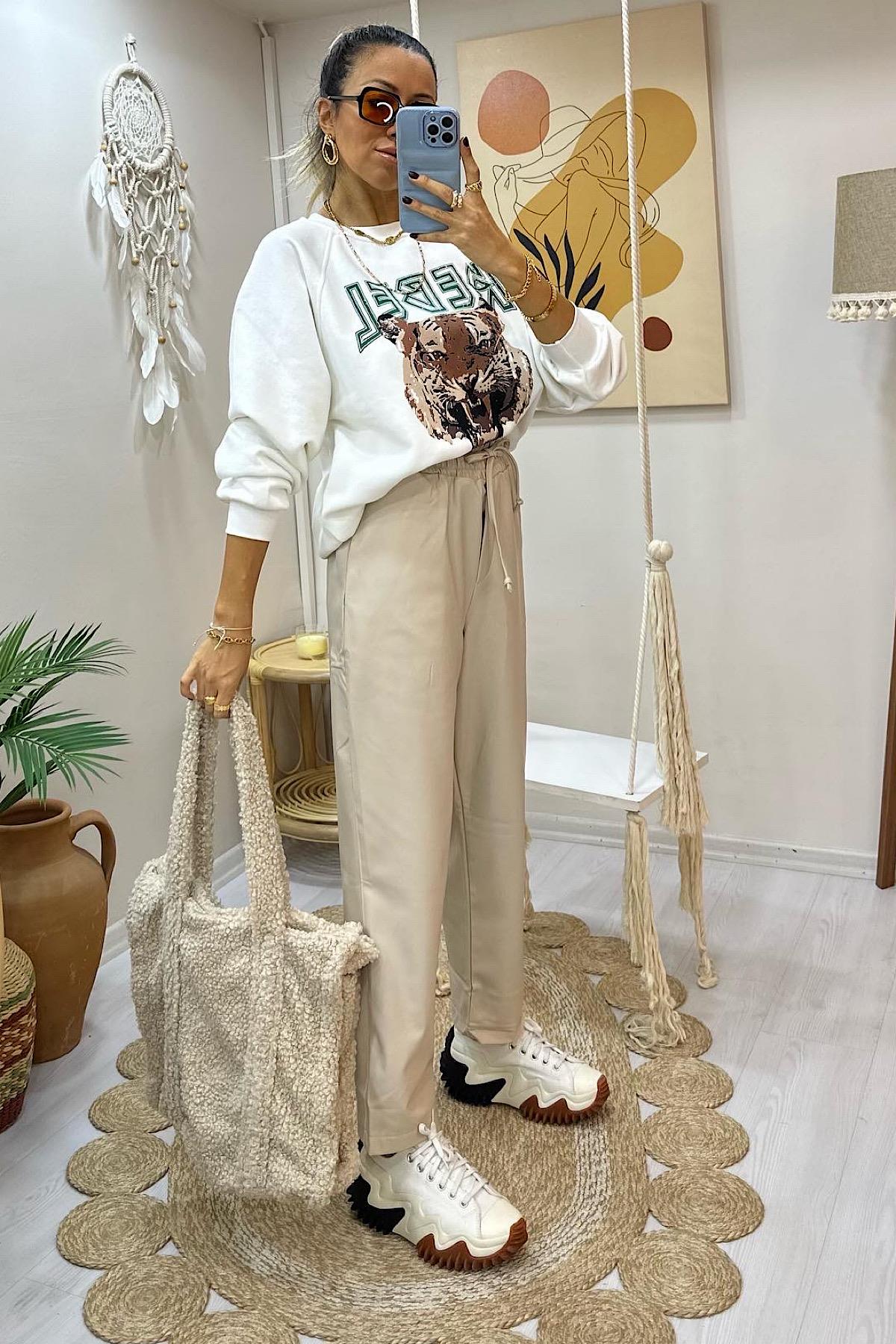 Düz Kesim Deri Pantolon-Bej