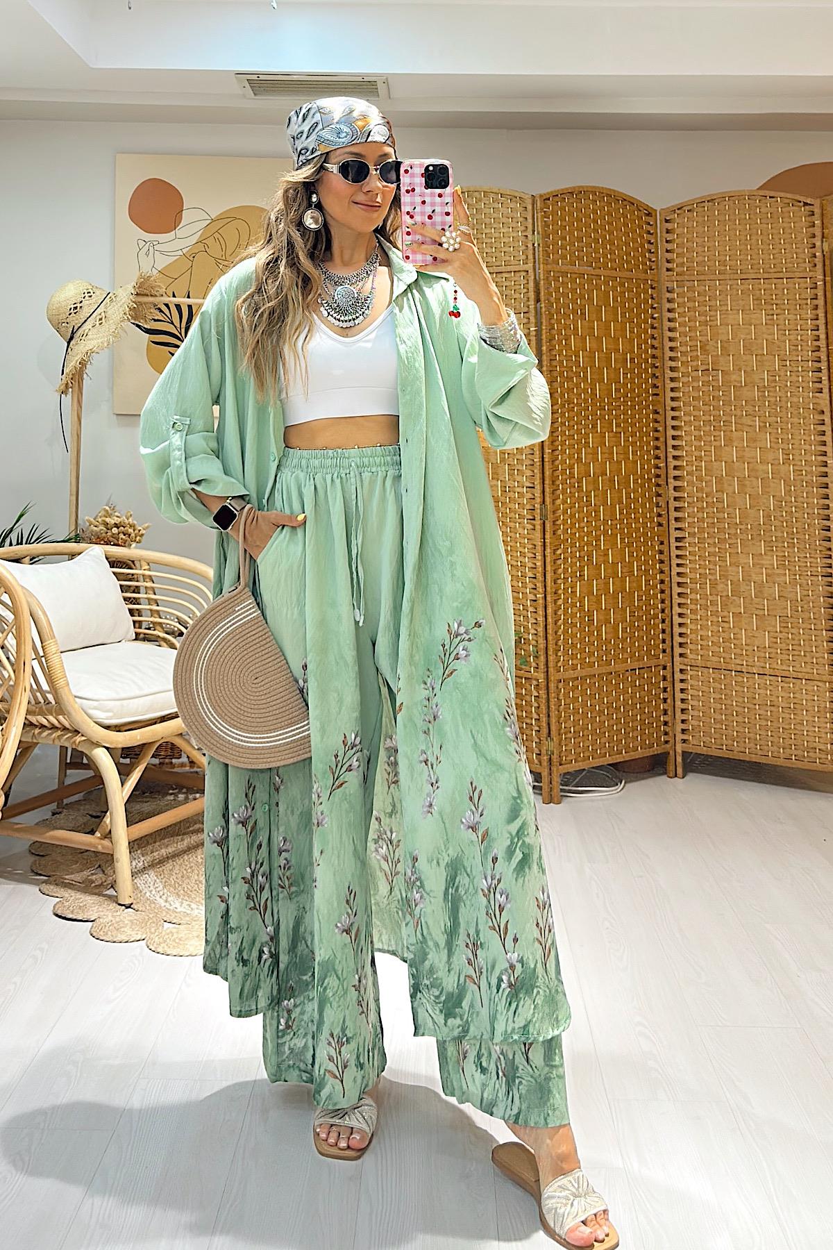 Eteği Çiçek Desenli İkili Takım - Mint