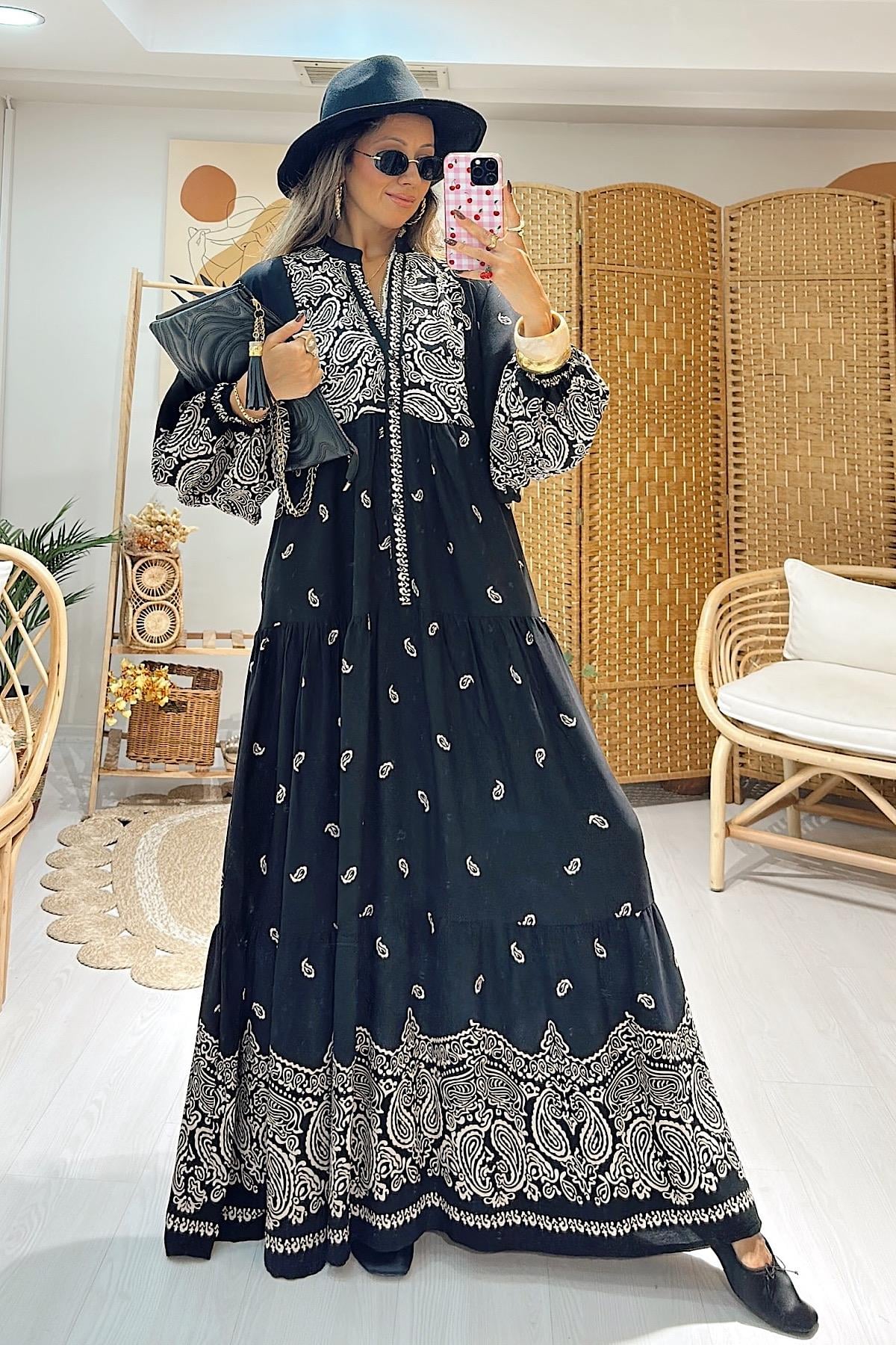 Etnik Desen Elbise-Siyah