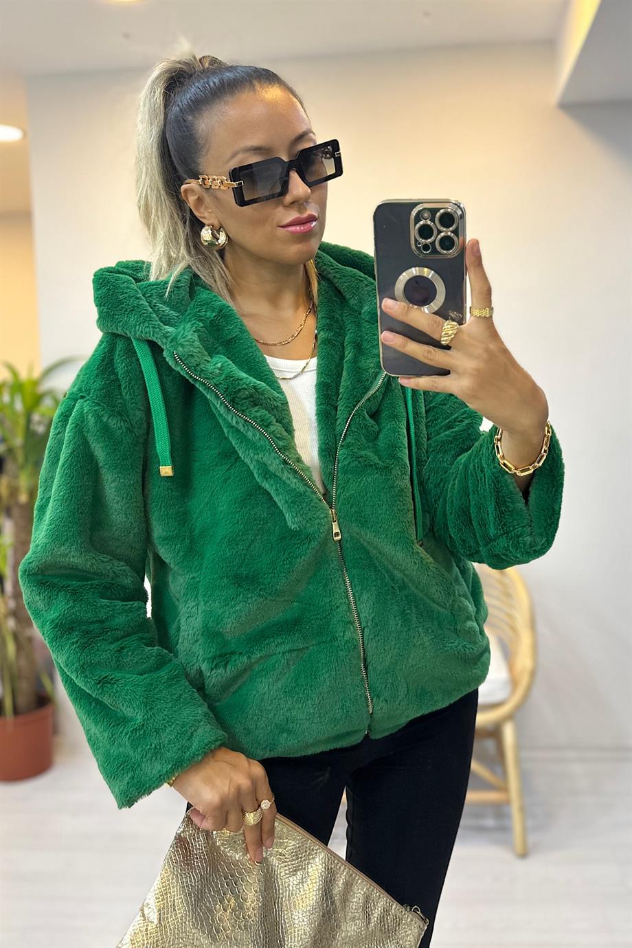 Kapüşonlu Pelüş-Yeşil