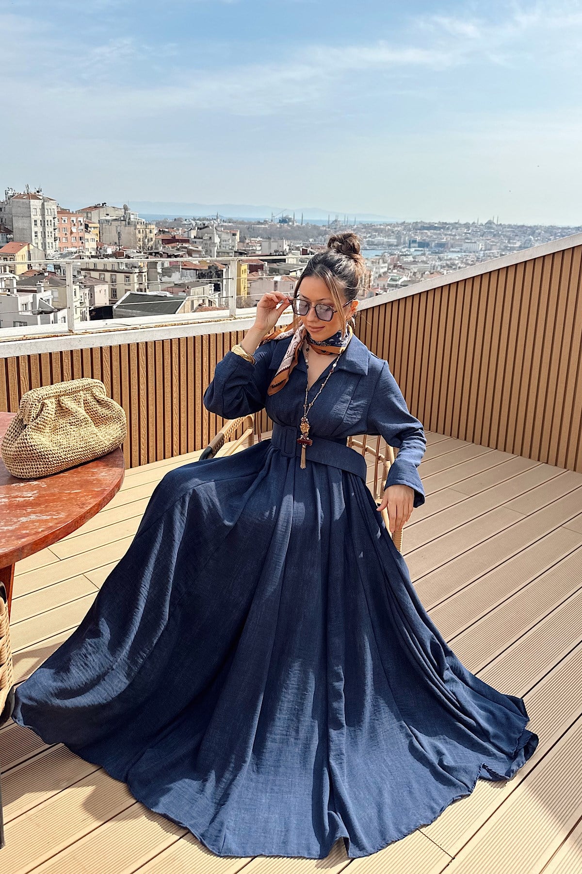 Kemerli Maksi Keten Elbise- Lacivert