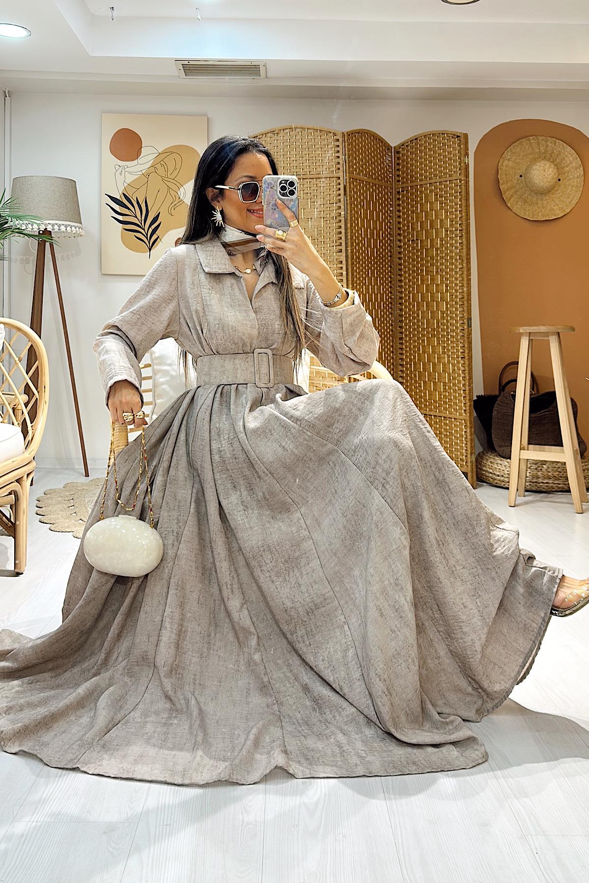 Kiloş Etek Kemerli Elbise- Bej