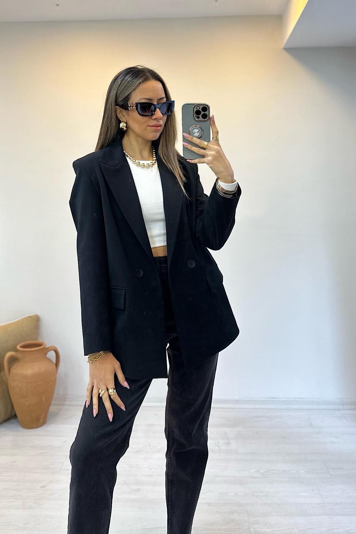 Kruvaze Oversize Blazer- Siyah