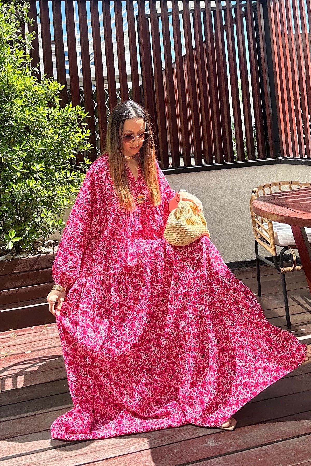 Maxi Flower Elbise- Fuşya