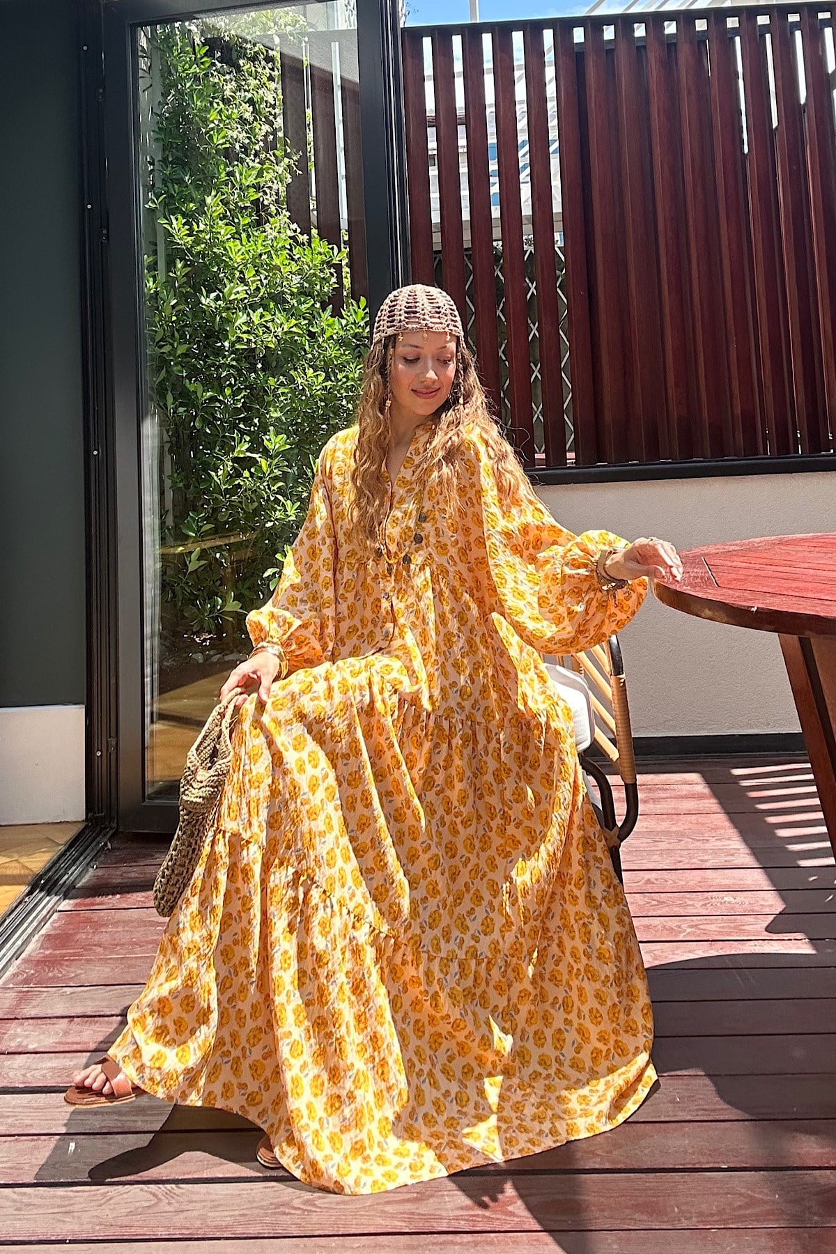 Maxi Flower Elbise- Hardal