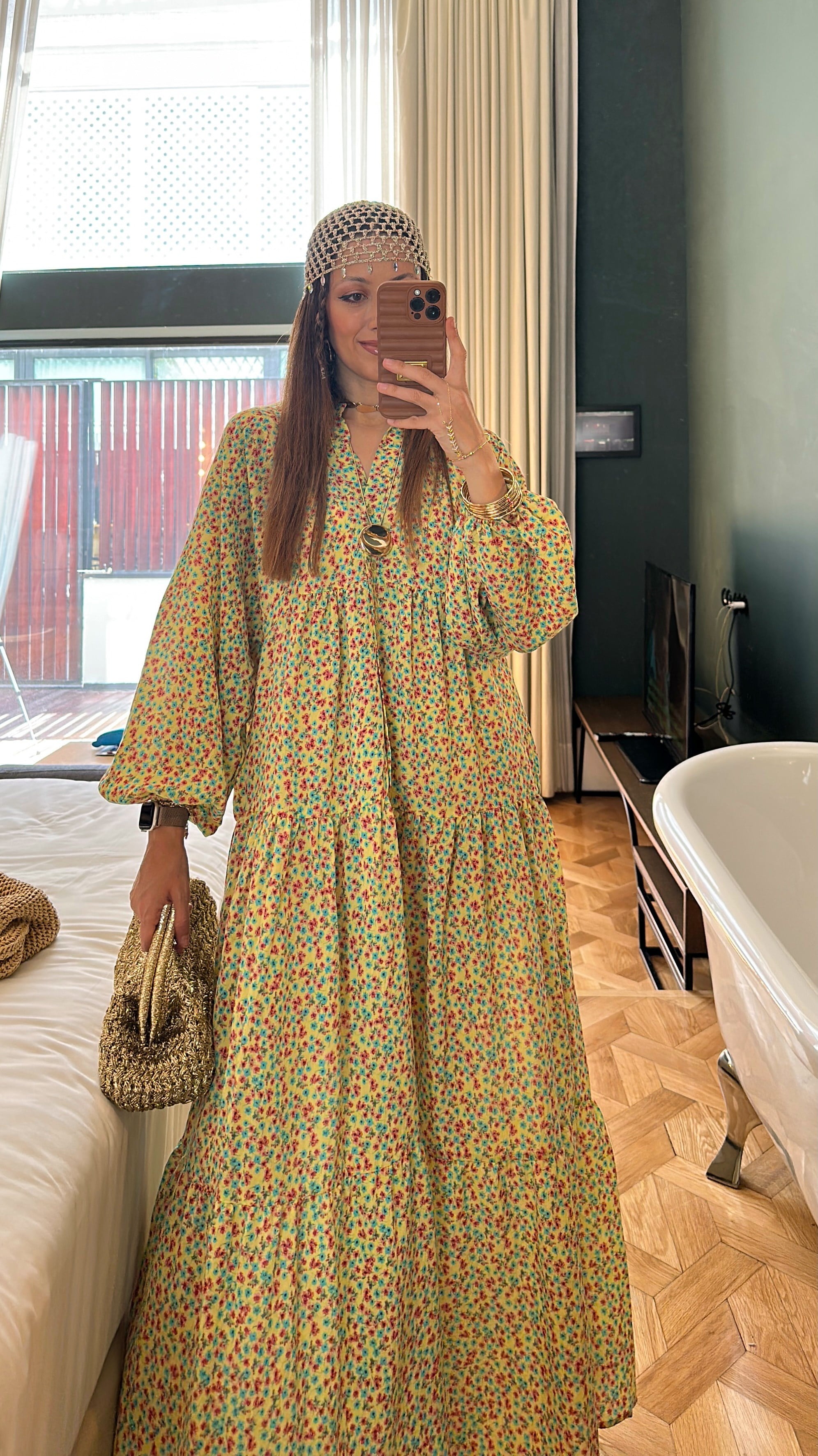 Maxi Flower Elbise- Lime