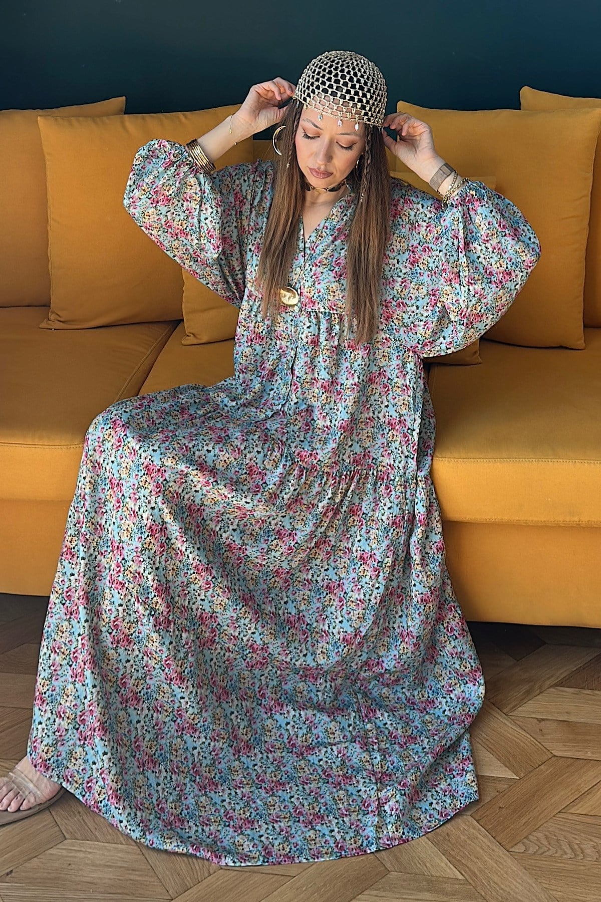 Maxi Flower Elbise- Mavi