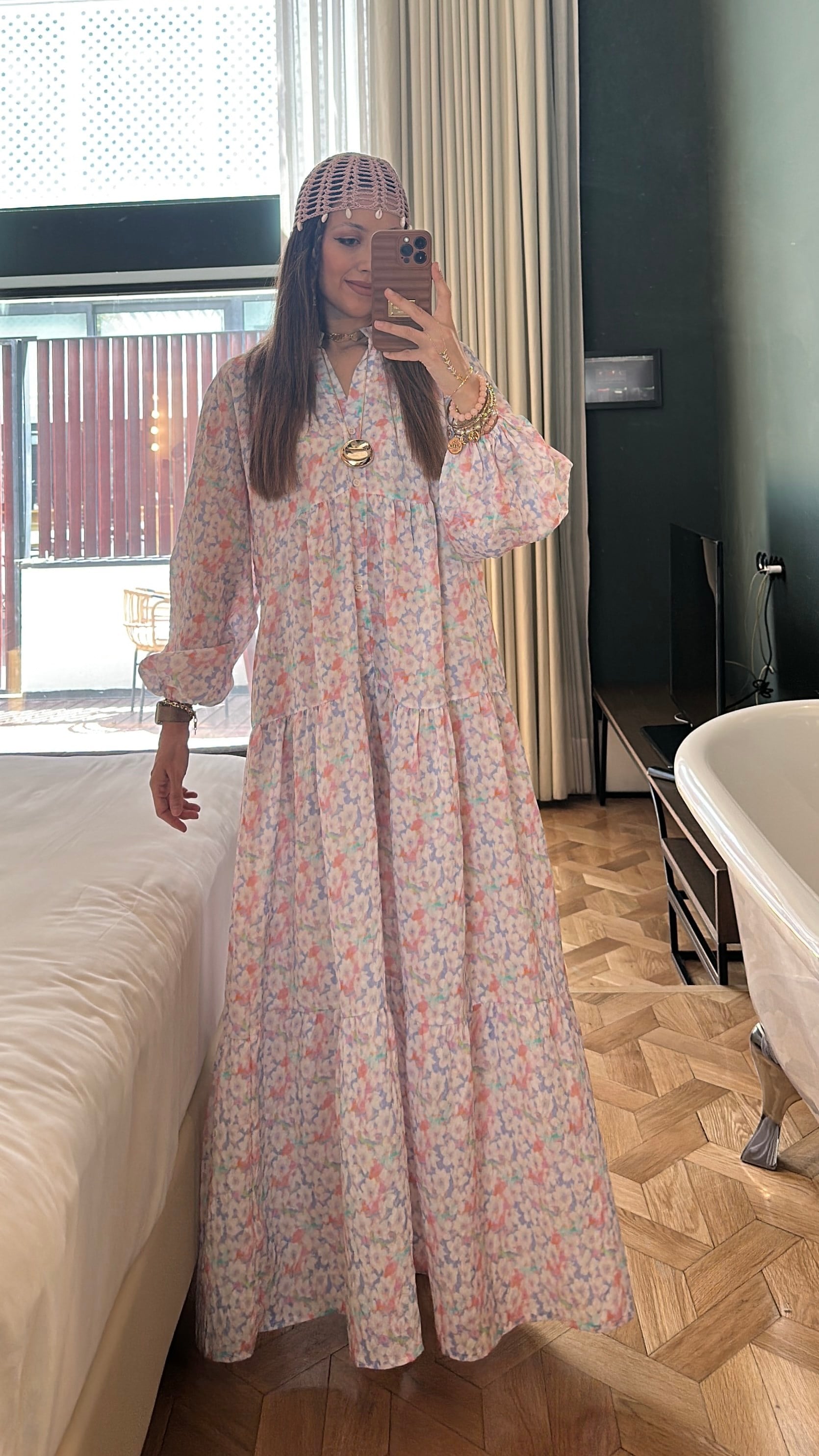 Maxi Flower Elbise- Pudra