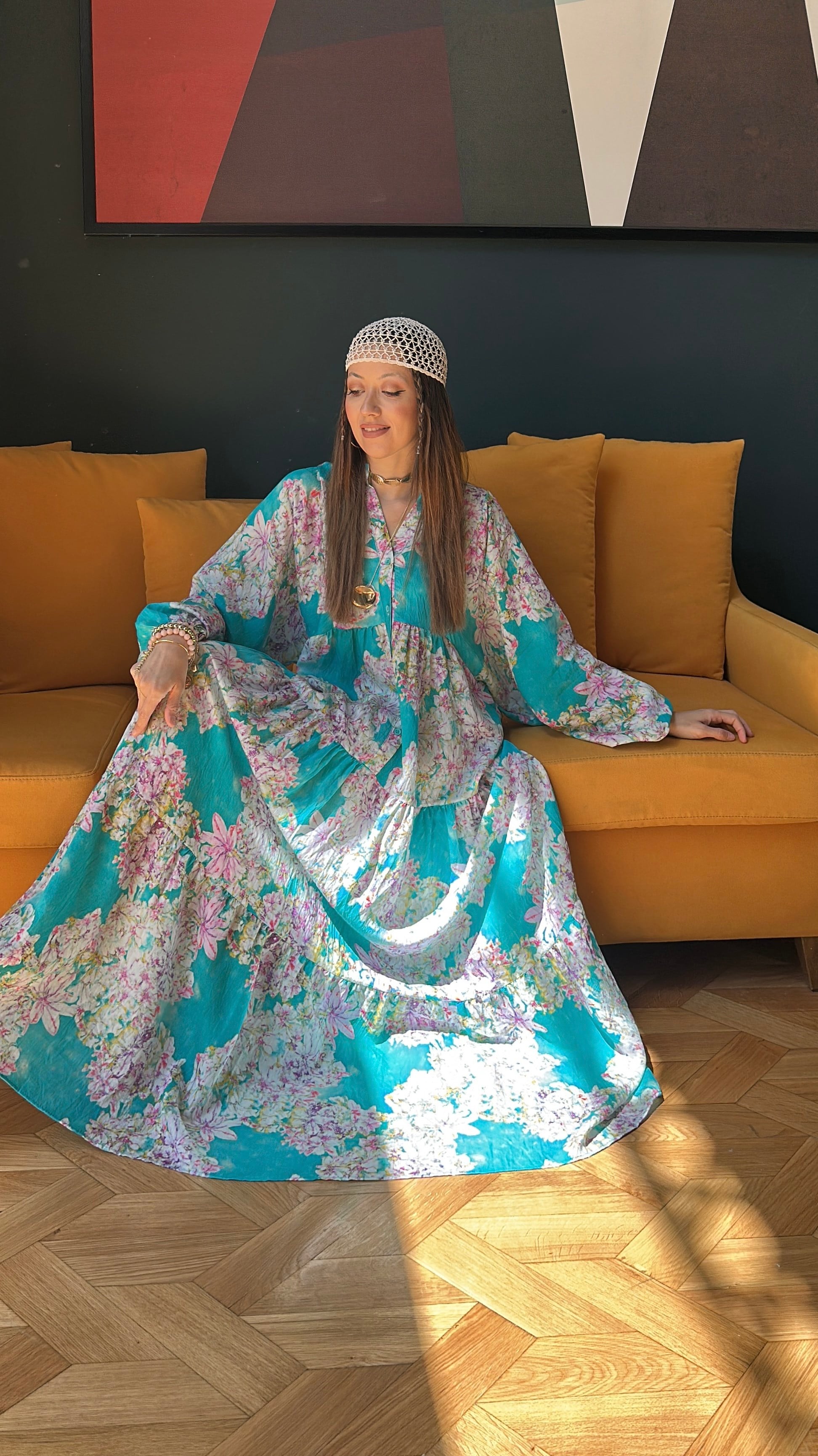 Maxi Flower Elbise- Turkuaz