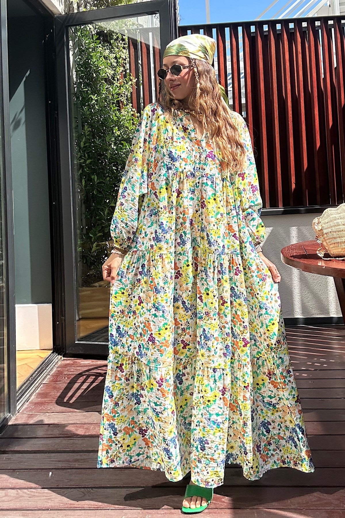 Maxi Flower Elbise- Yeşil Sarı