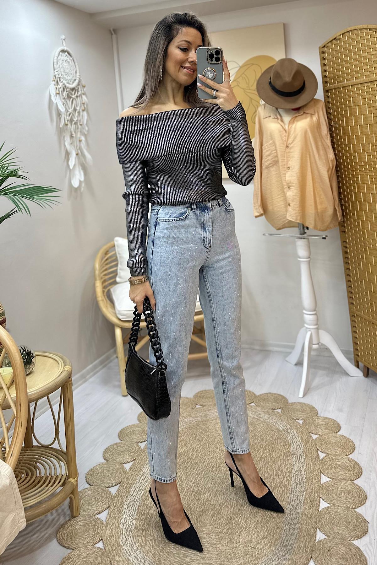 Metalik Madonna Yaka Bluz