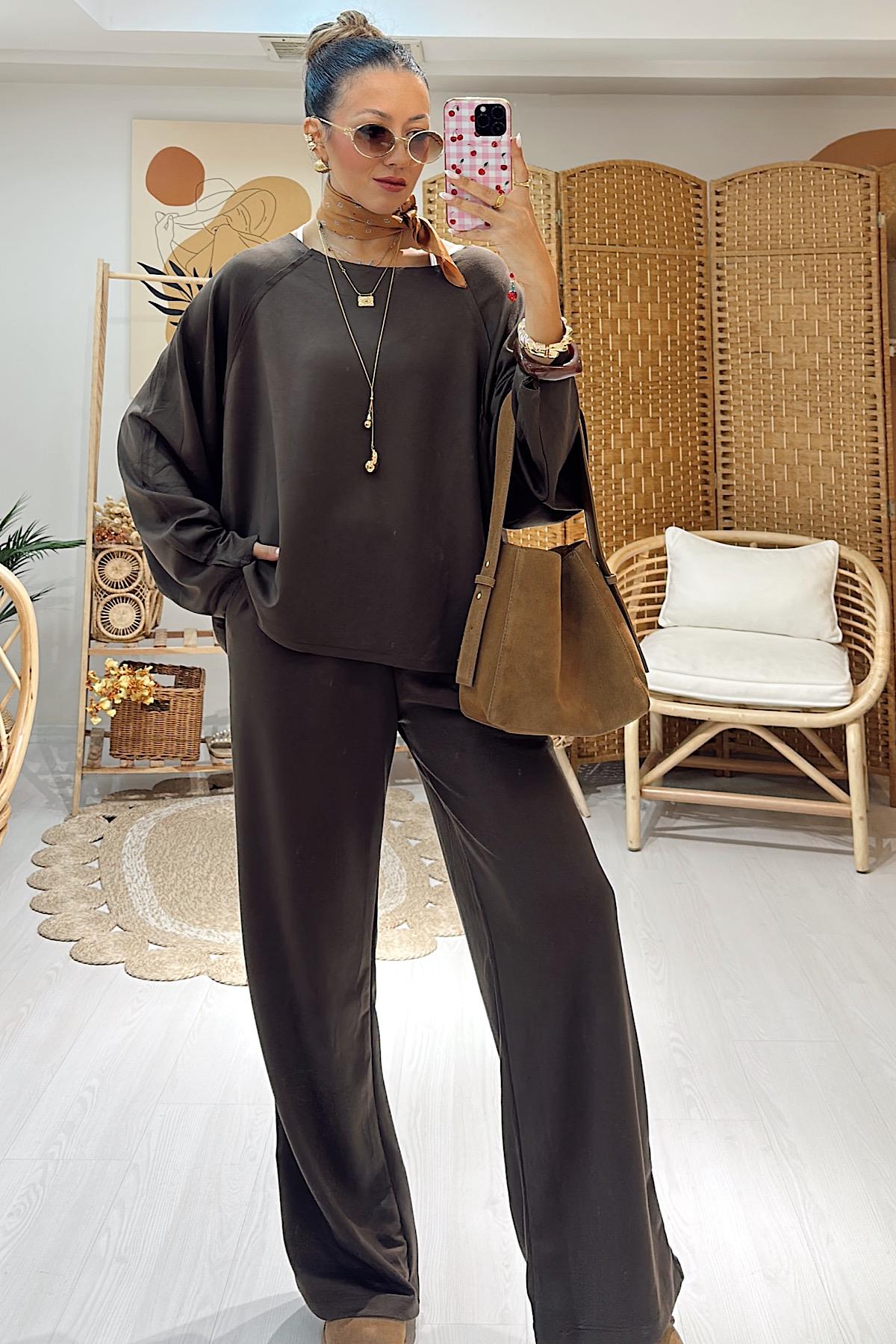 Modal Dikiş Detay Takım- Kahve