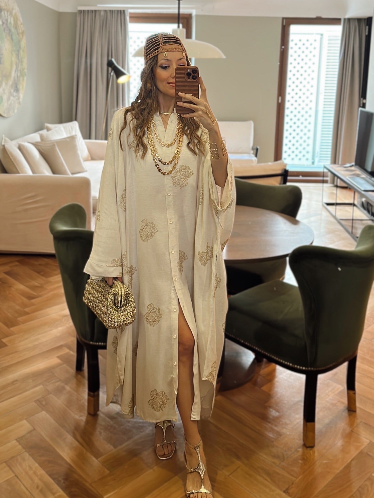 Nakışlı Kaftan Elbise - Ekru