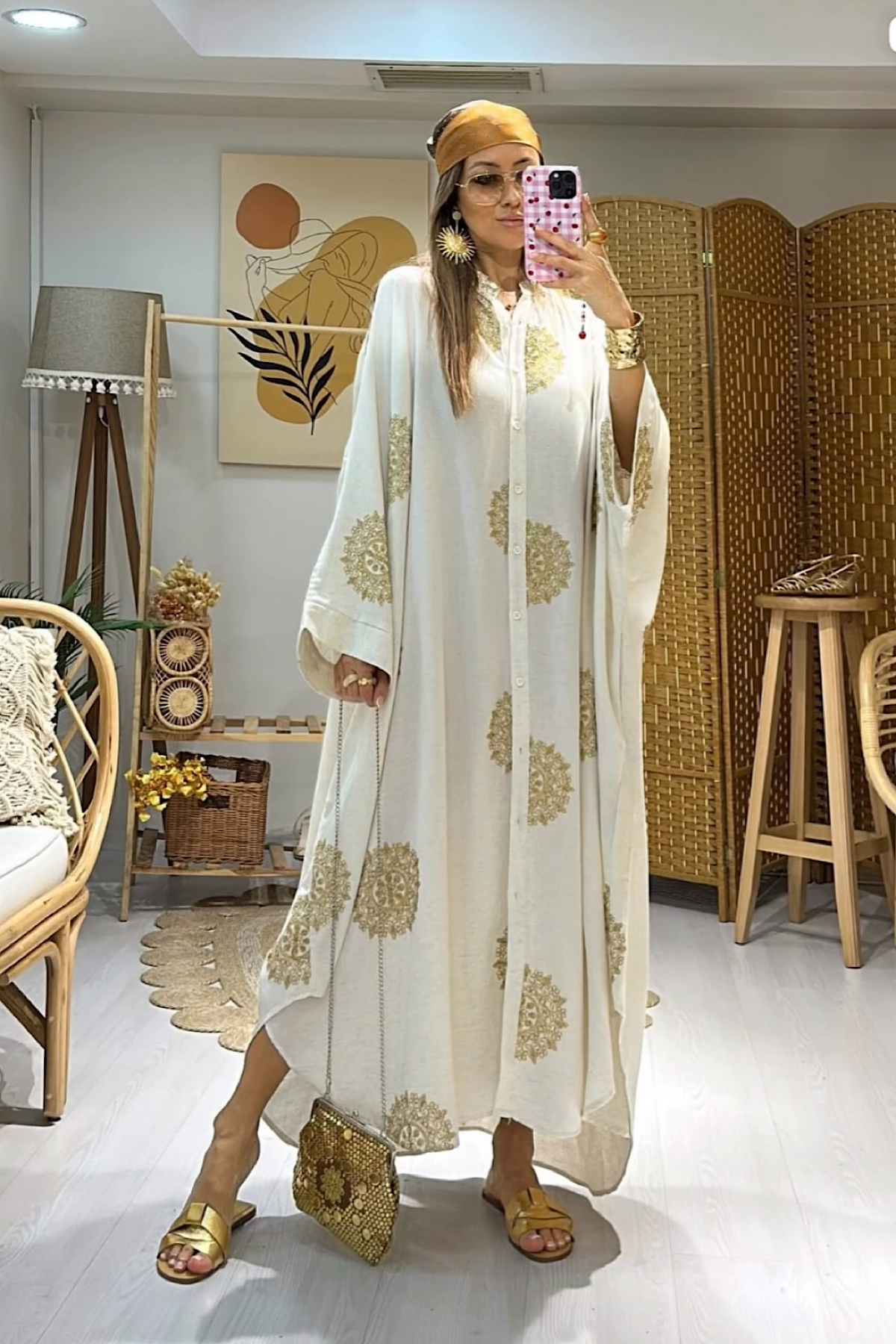 Nakışlı Kaftan Güneş Desen  - Ekru