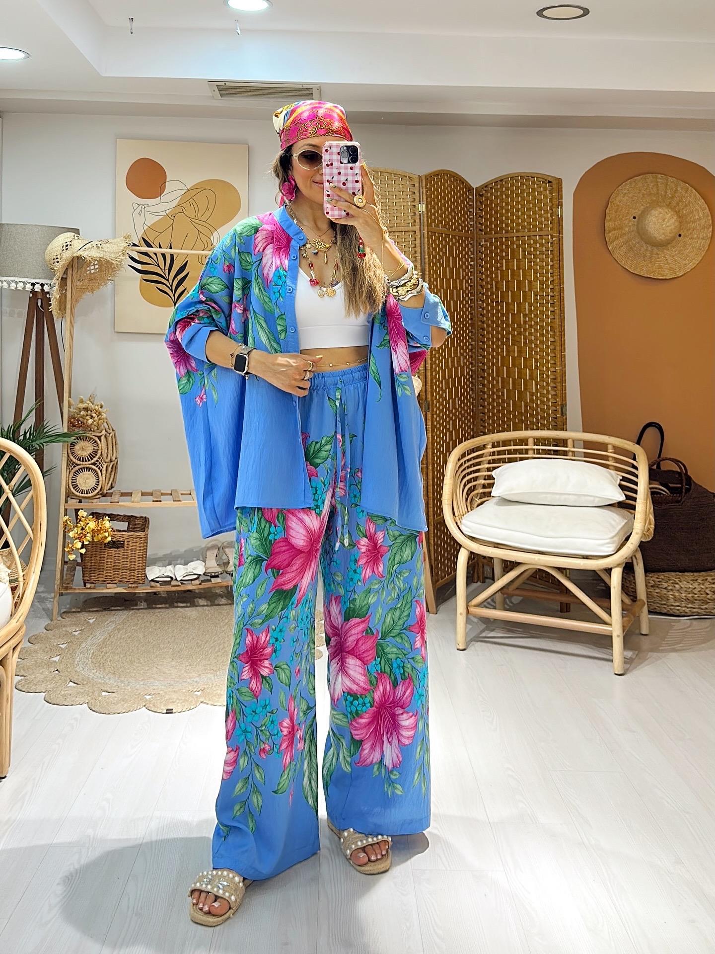 Oversıze Çiçek Desen Takım - Mavi