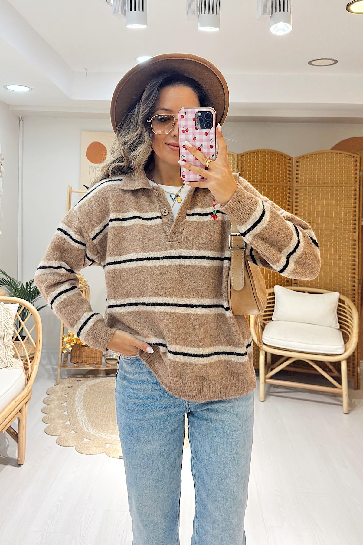 Polo Yaka Çizgili Triko - Bej