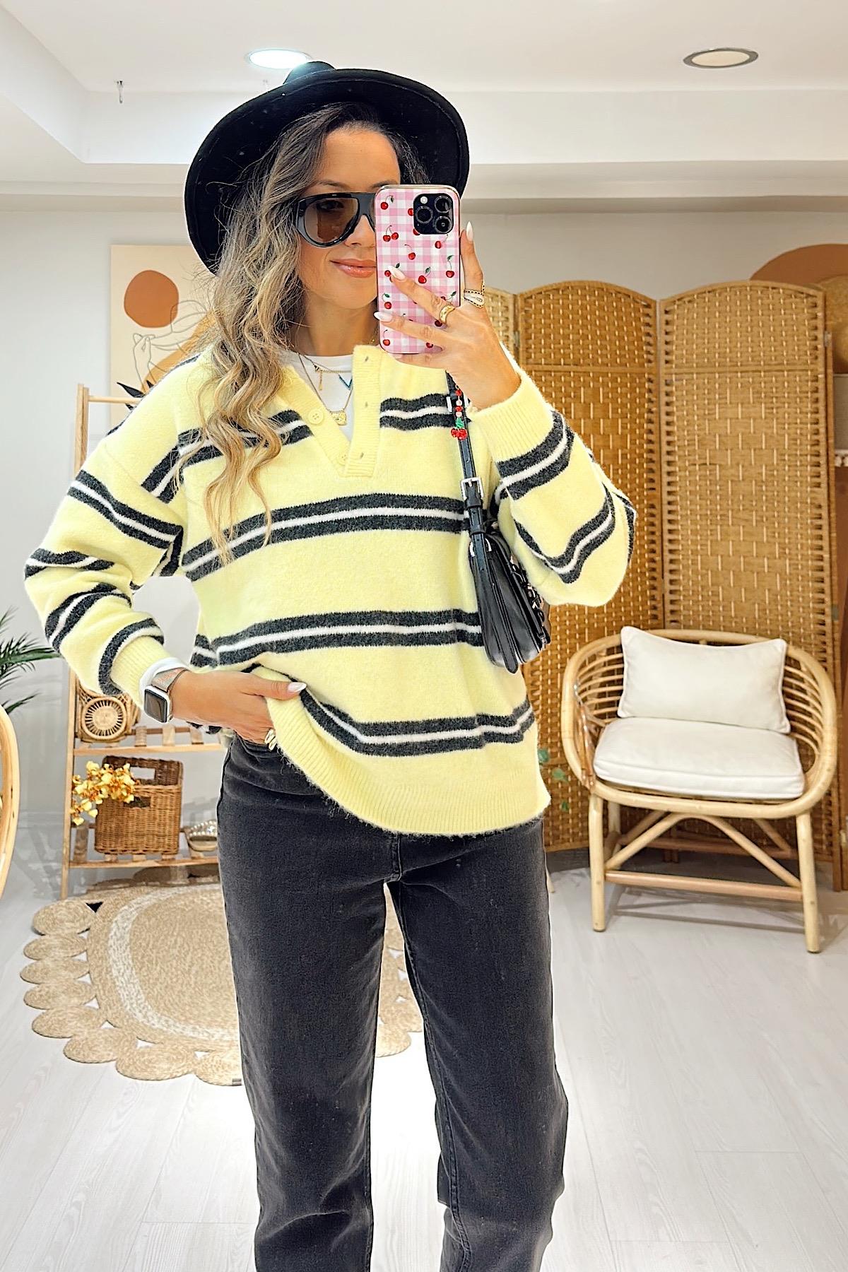 Polo Yaka Çizgili Triko - Sarı